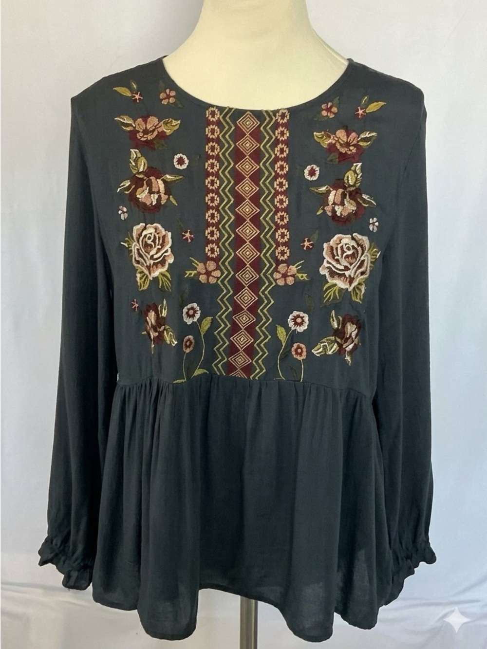 JODIFL Black Blouse with Multicolor Floral Embroidery